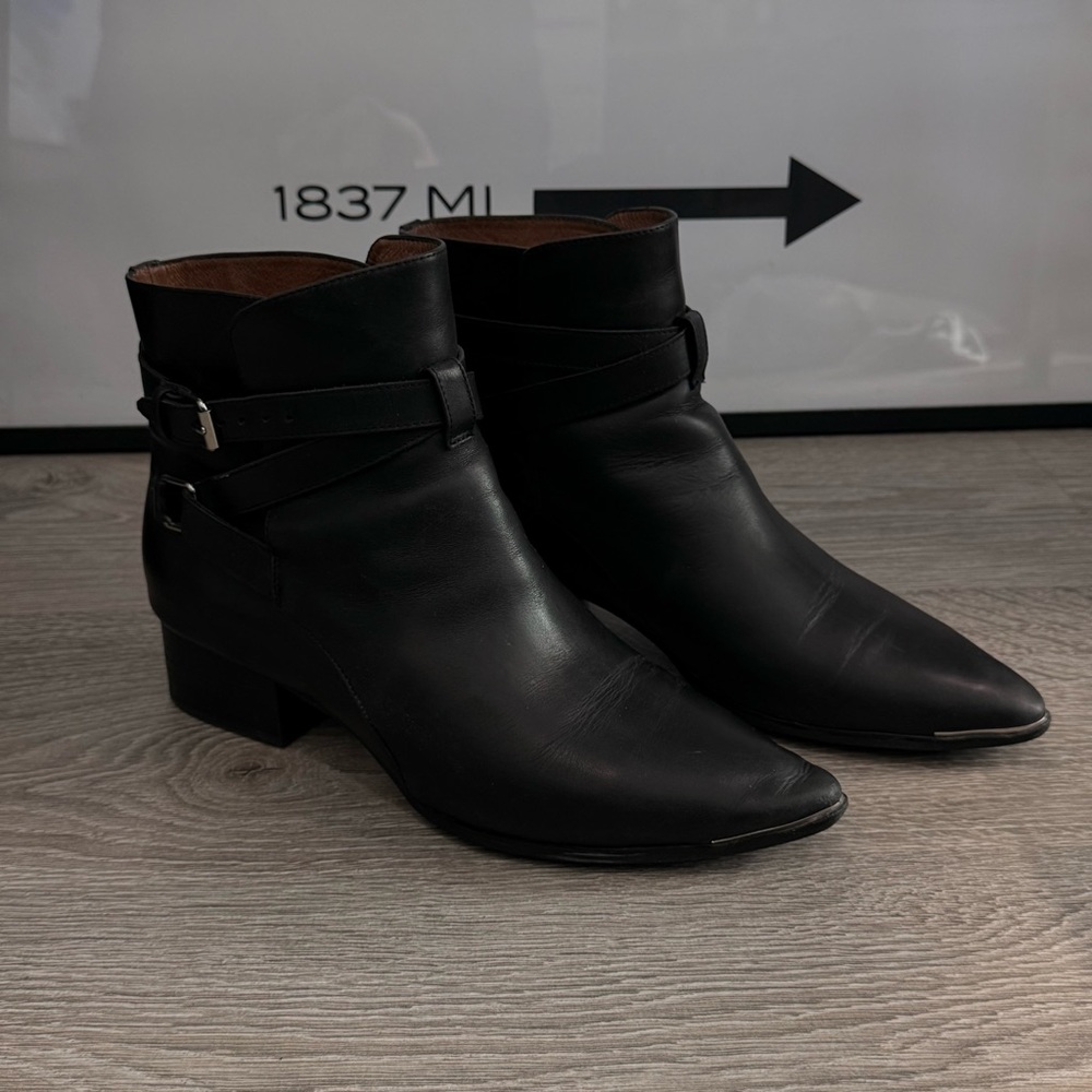 JEFFREY CAMPBELL LEATHER STRAP ANKLE CHELSEA BOOTS IN BLACK